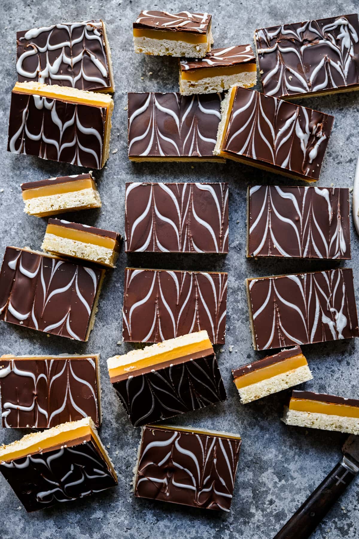 overhead view of vegan millionaire's shortbread bars cut into slices.