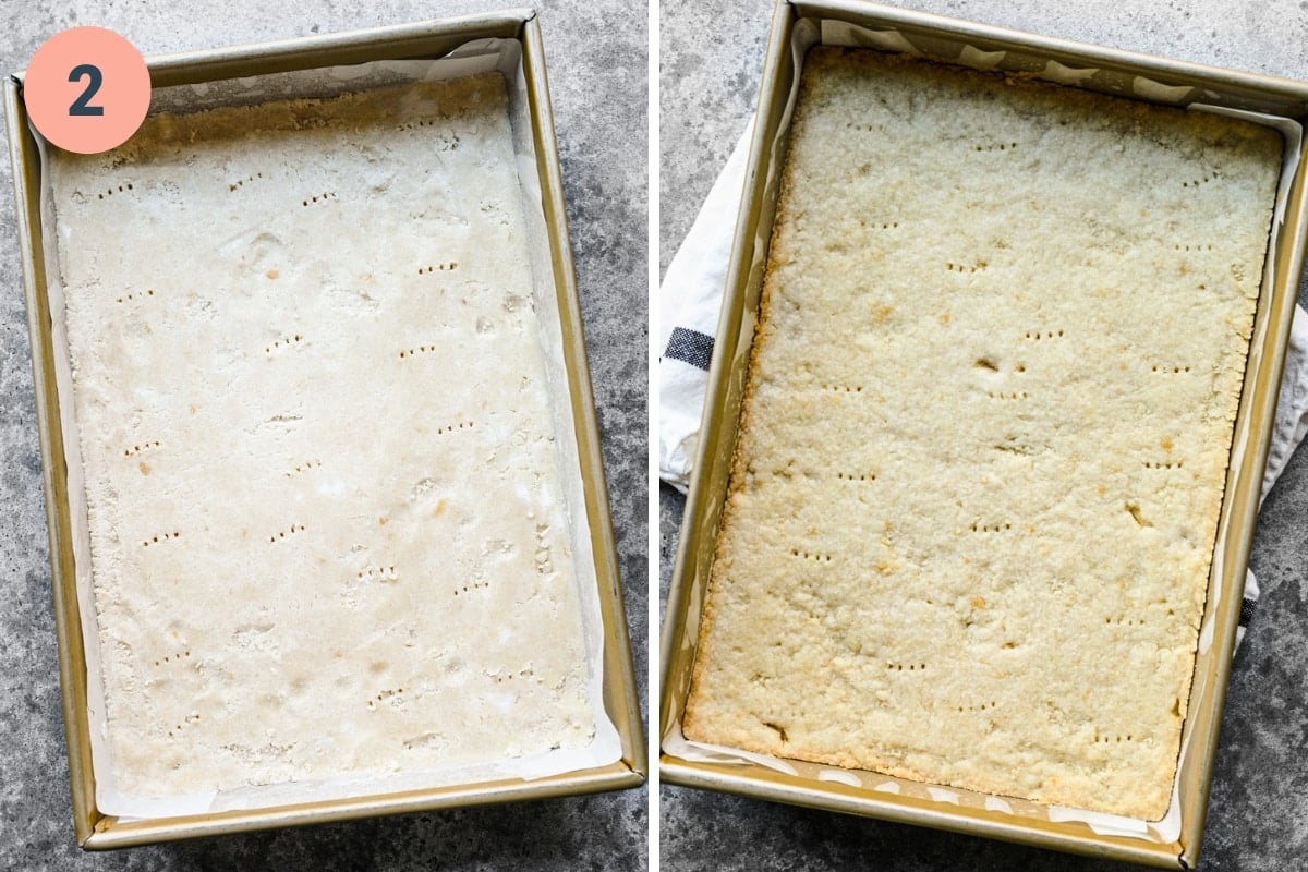 before and after baking shortbread dough in 9x13" pan.