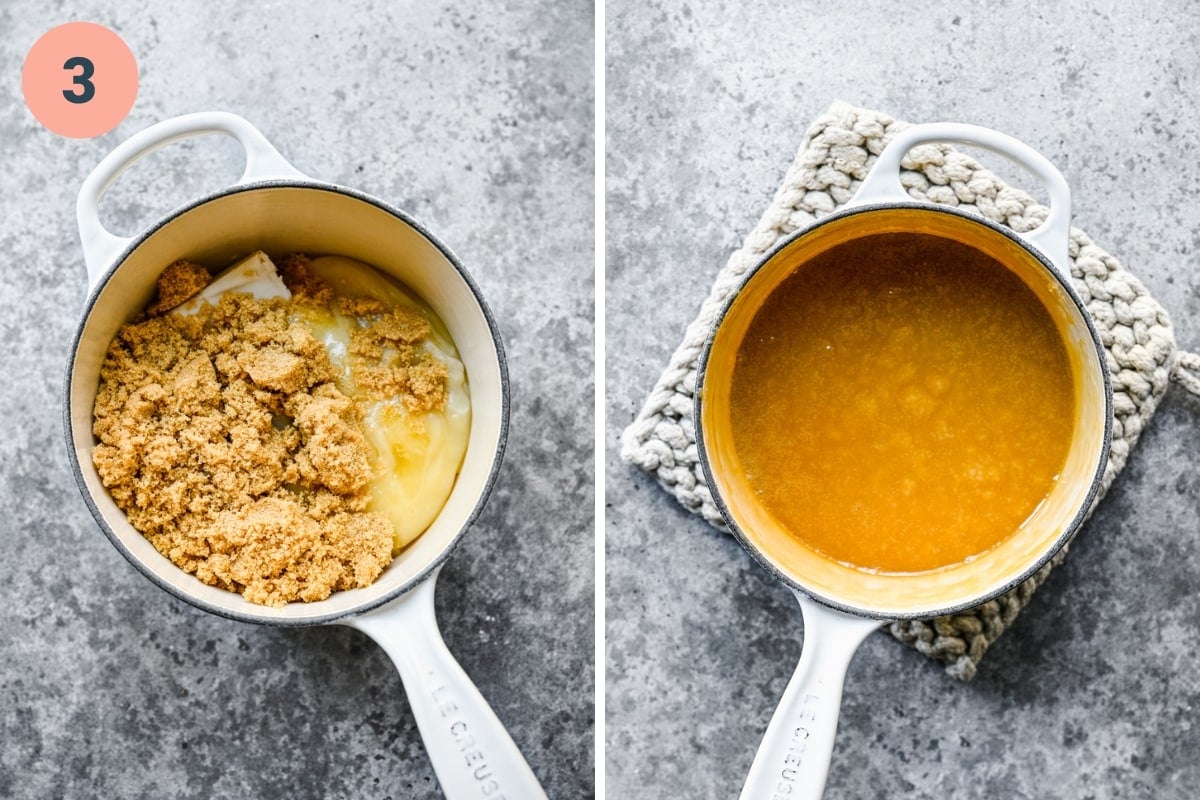 Vegan caramel in saucepan before and after melting.