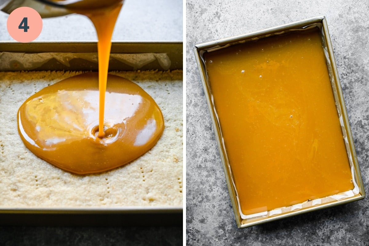Pouring caramel on top of shortbread cookie layer.