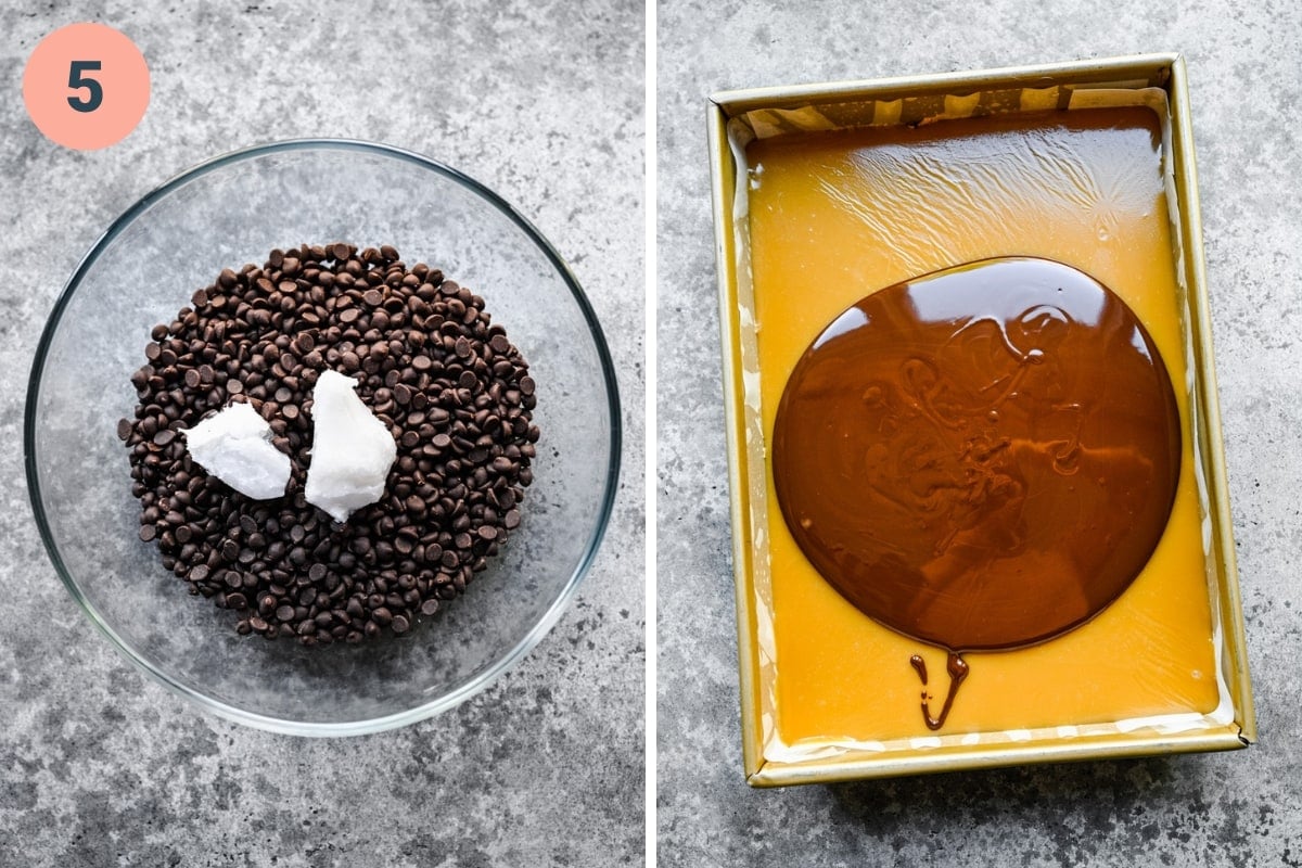 on the left: chocolate chips and coconut oil in a bowl. on the right: pouring melted chocolate on top of caramel layer.