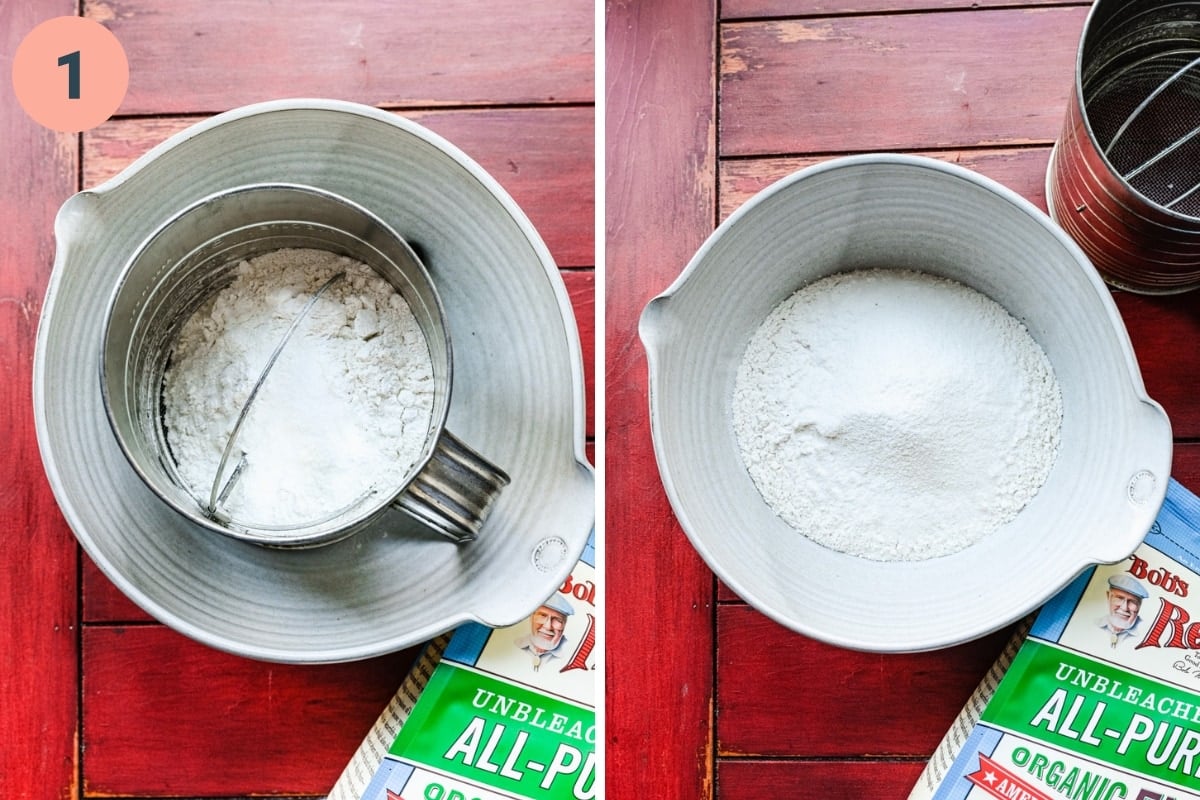 Before and after sifting flour into a bowl.