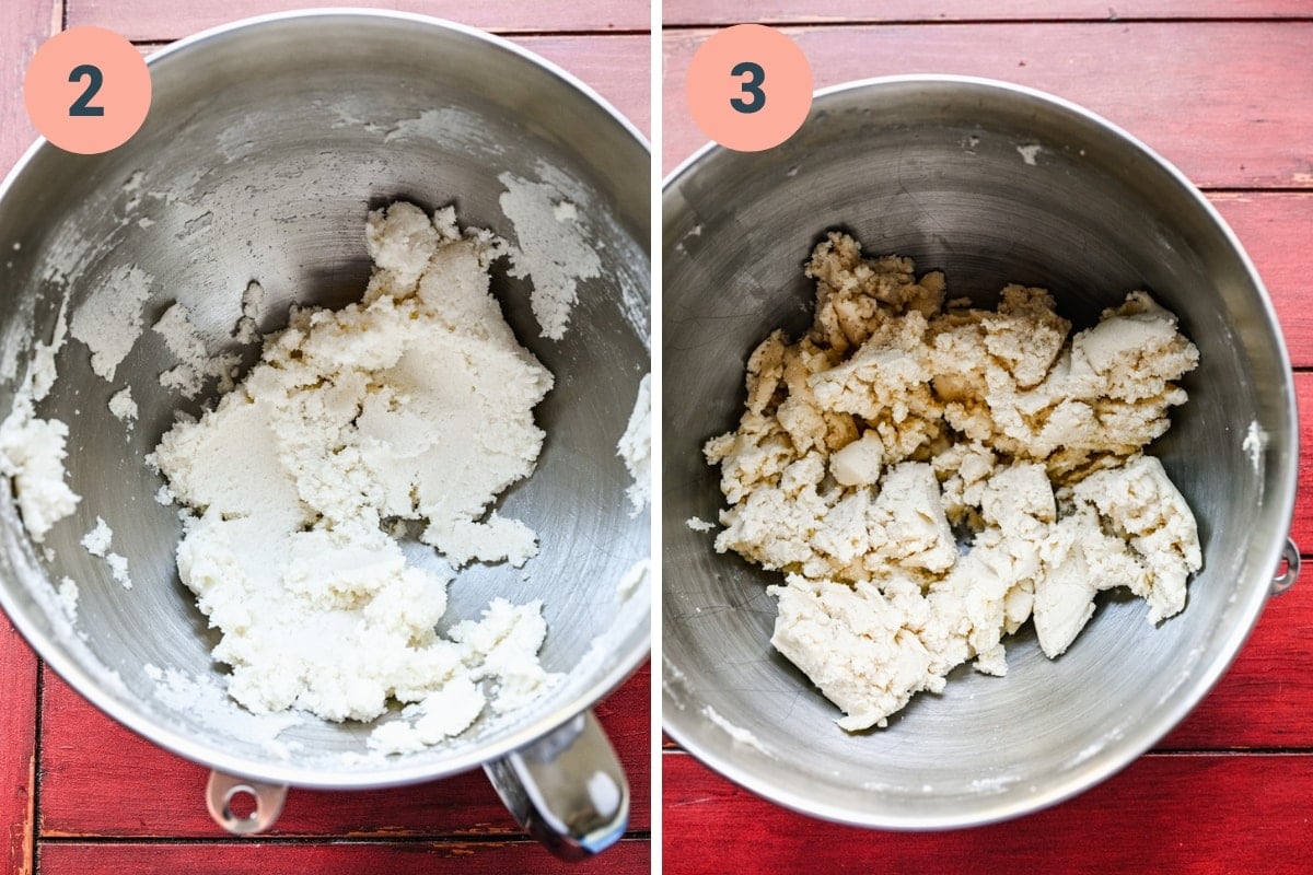 before and after adding flour to butter and sugar mixture for cookies in mixing bowl.