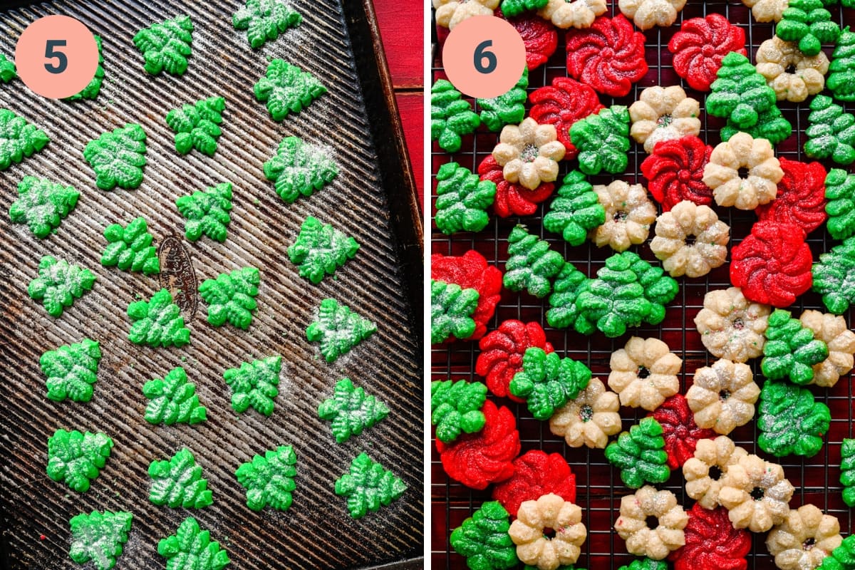 Vegan spritz cookies before and after baking.