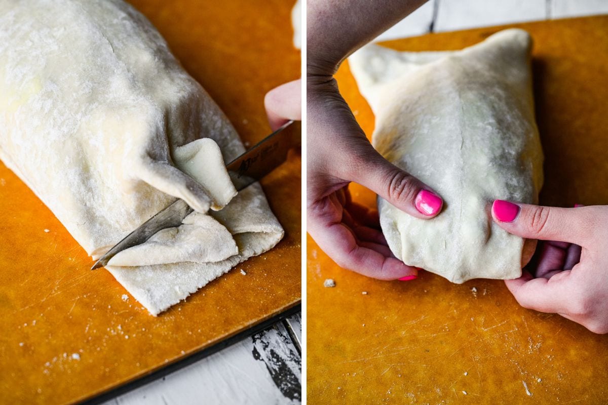 Left: cutting the ends off of the puff pastry. Right: folding the puff pastry together.