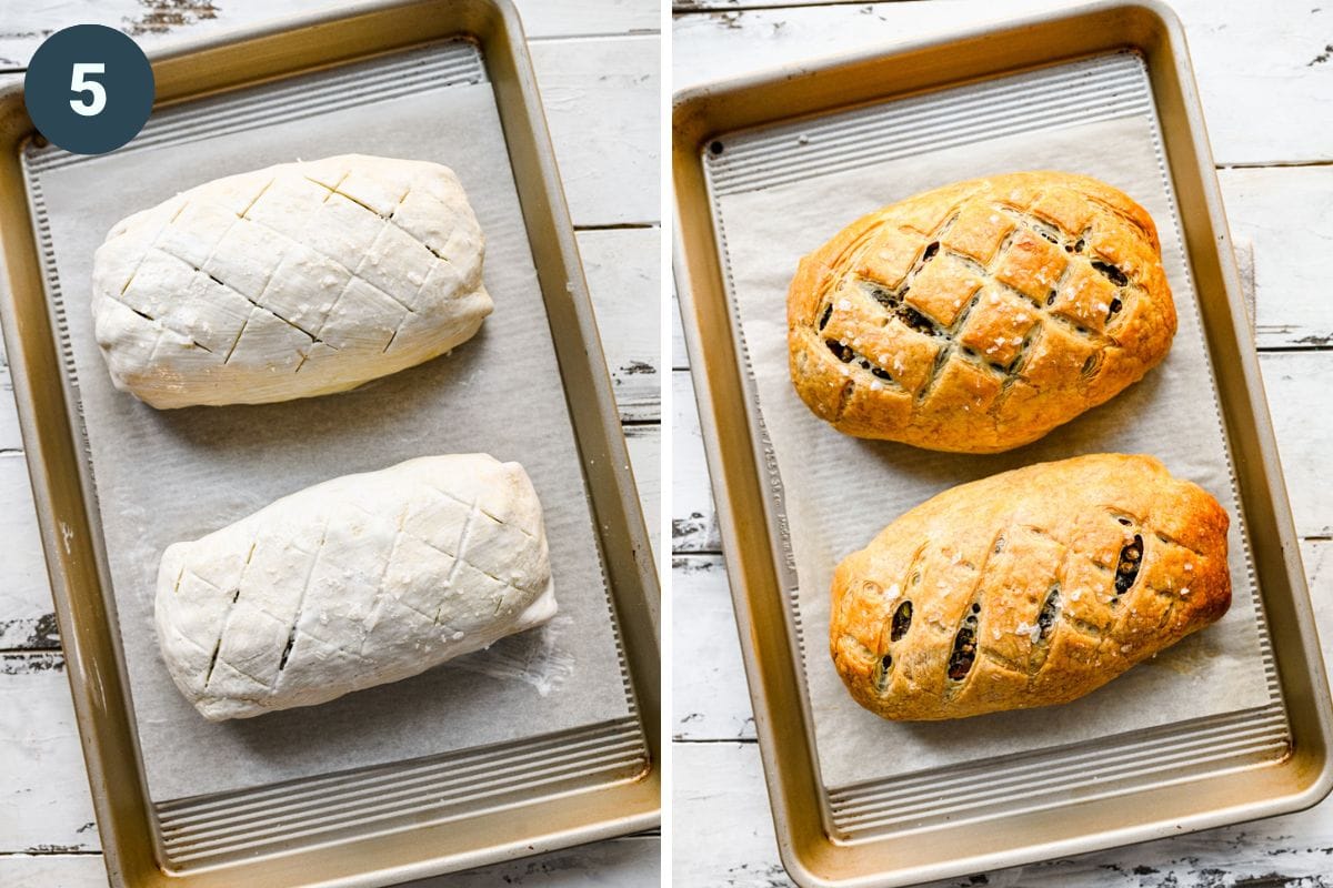 Left: wellington before cooking. Right: wellington after baking.