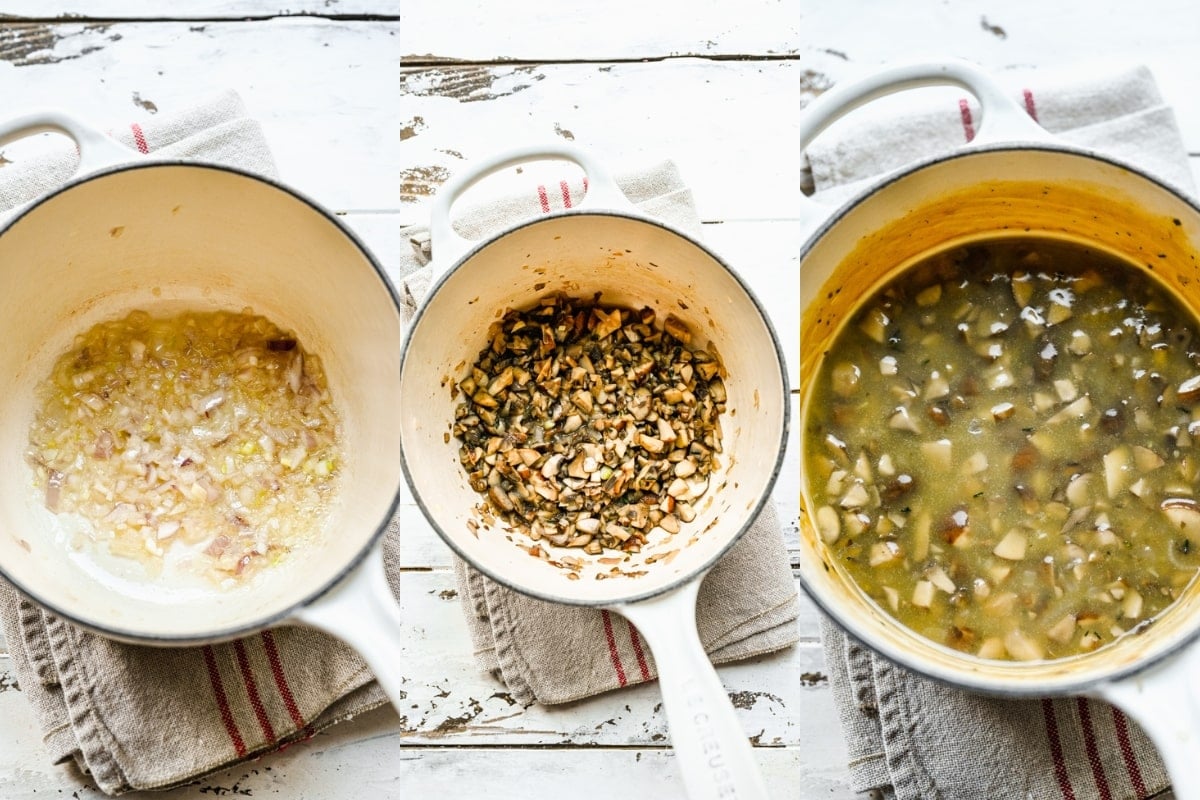 Mushroom gravy in a small saucepan.