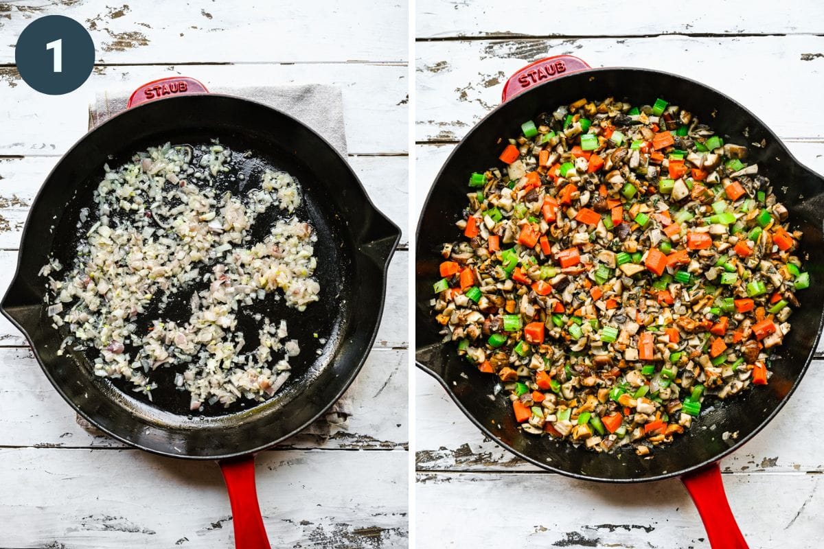Left: cooking the onion and garlic. Right: mixing in the vegetables.