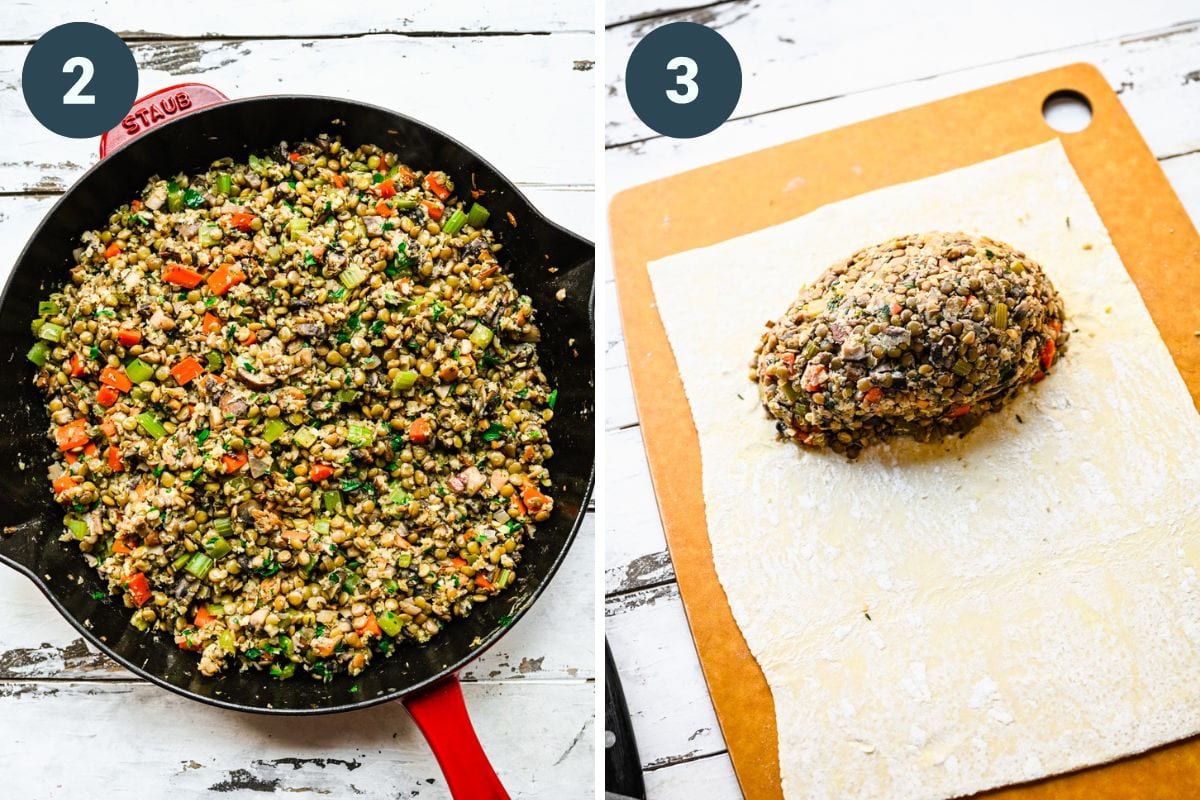 Left: mixing in the lentils to the veggie mix. Right: placing the lentil mix in the puff pastry.