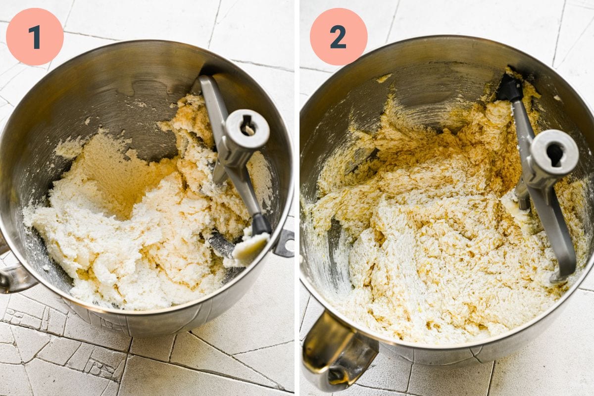 Left: creaming the butter and sugar together. Right: adding in the applesauce.
