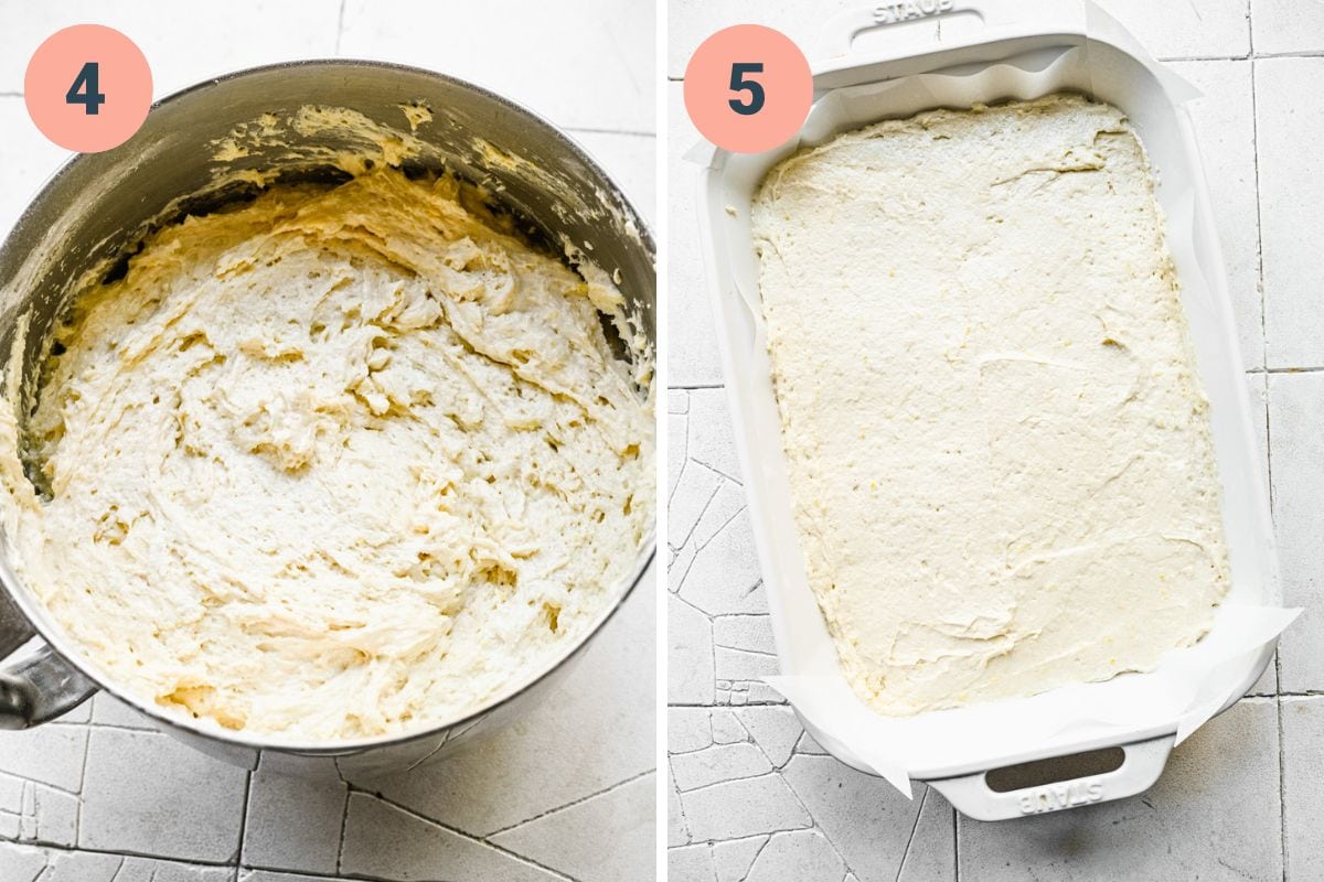 Left: mixing the wet and dry ingredients together. Right: pouring the batter into a cake pan.