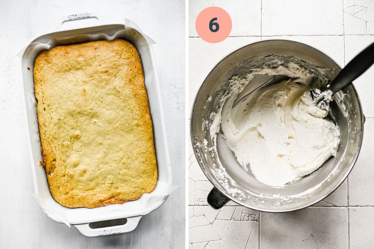 Left: baked sheet cake. Right: whipping together the lemon buttercream.