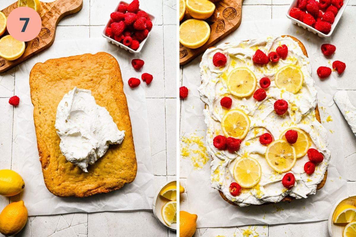 Left: a dollop of frosting on top of the cake. Right: finished vegan lemon cake.