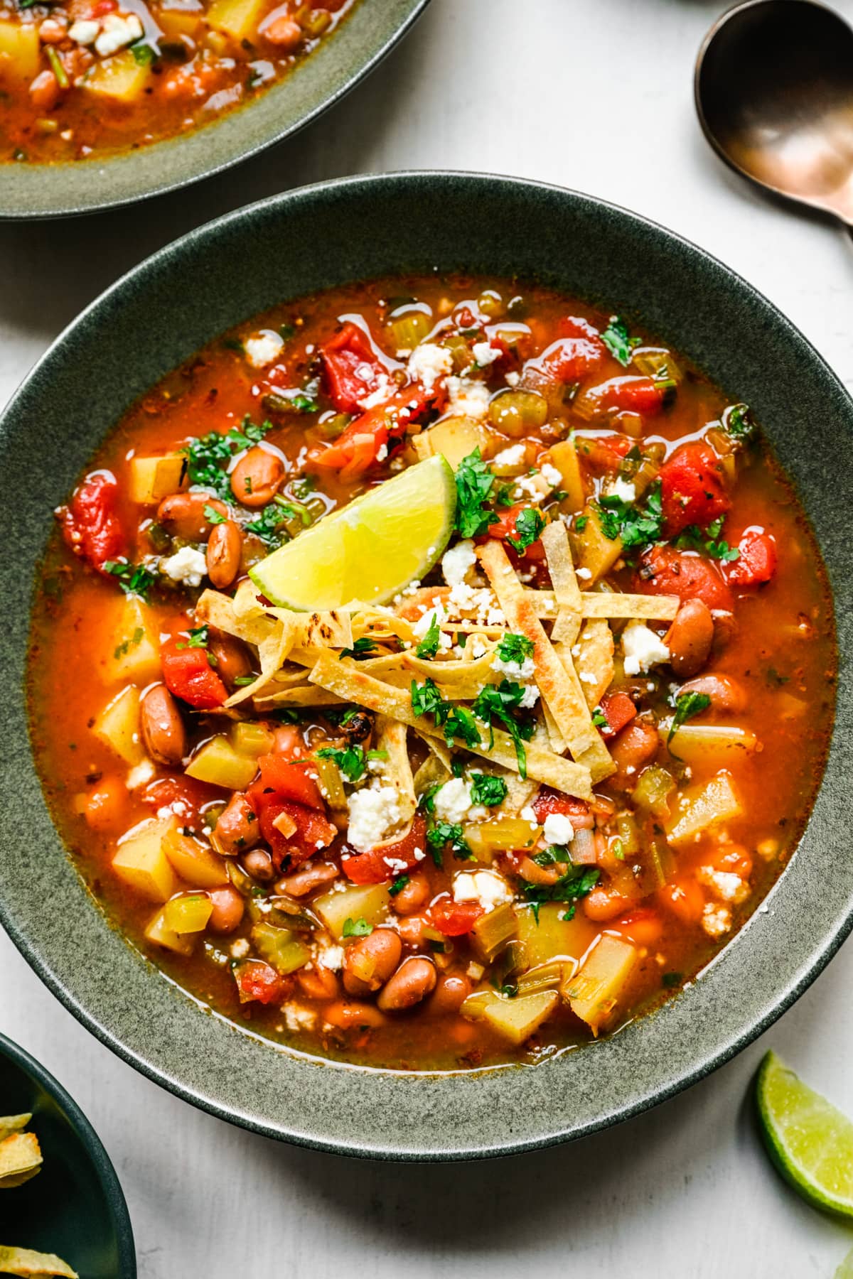 Close up overhead of a bowl of the pinto bean soup.