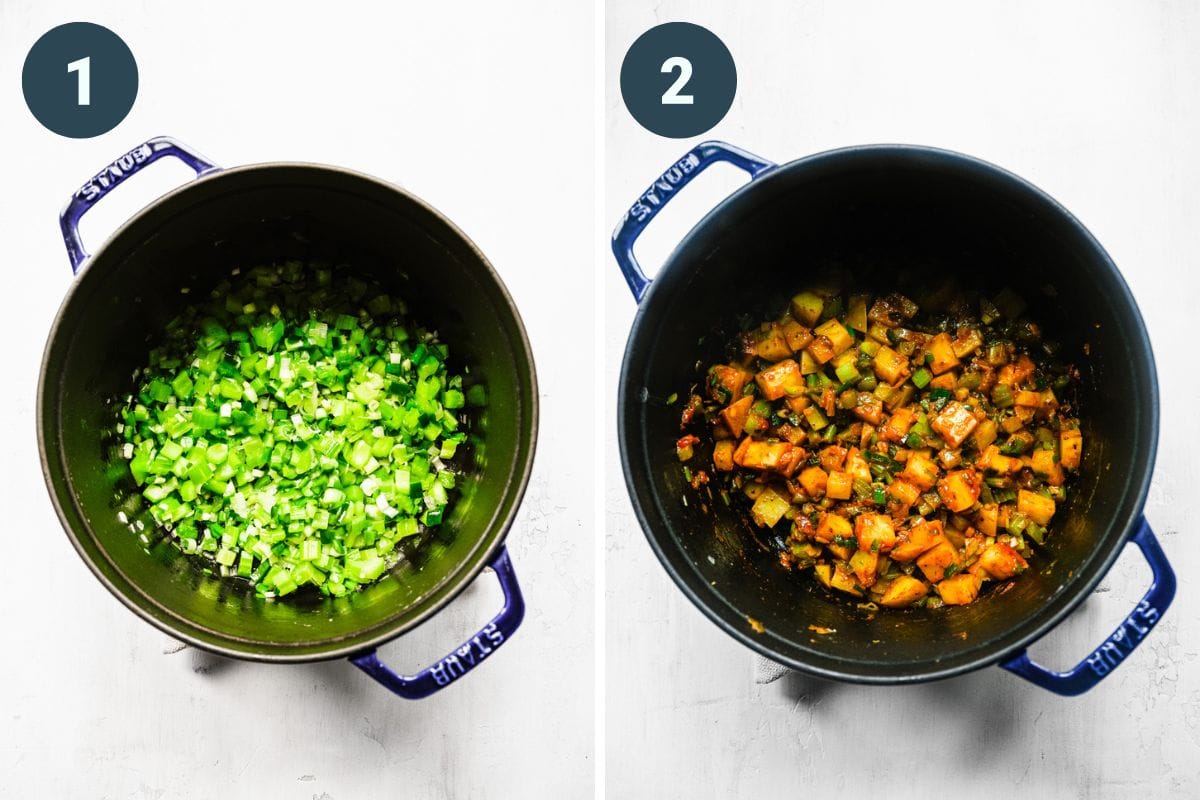 Left: greens cooking in soup pot. Right: adding in the spices and tomato paste.