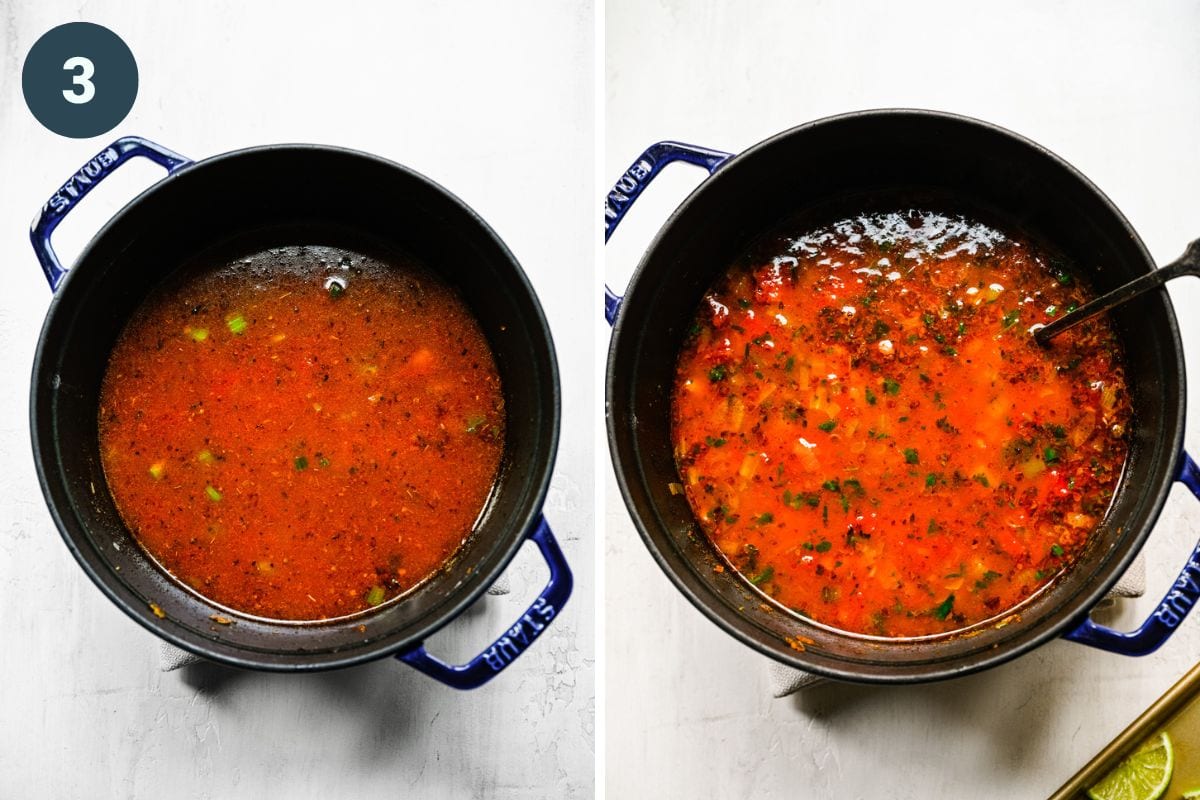 Left: adding the liquids into the pot. Right: the liquids simmering in the pot.
