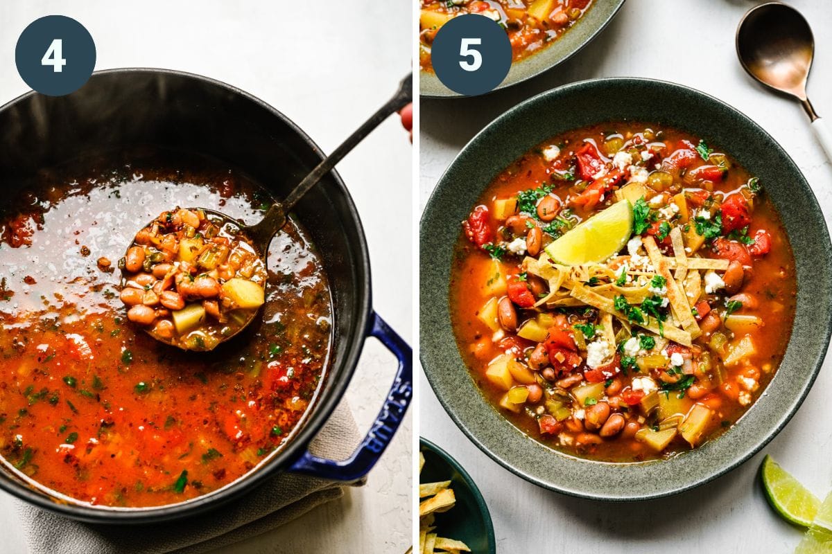 Left: showing the beans in the soup. Right: finished pinto bean soup.