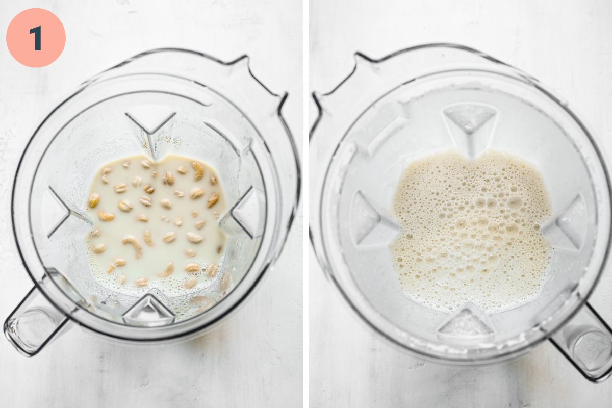 Left: pudding ingredients in the blender. Right: pudding ingredients after blending.