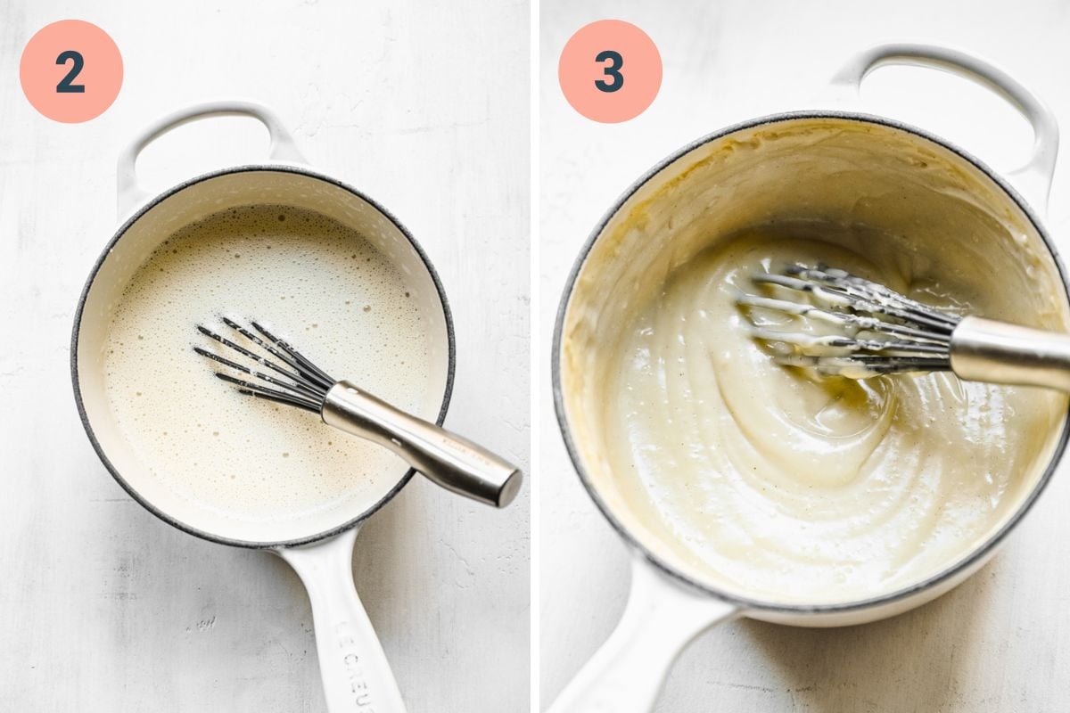 Left: pudding mixture in a saucepan. Right: thickened mixture in saucepan.