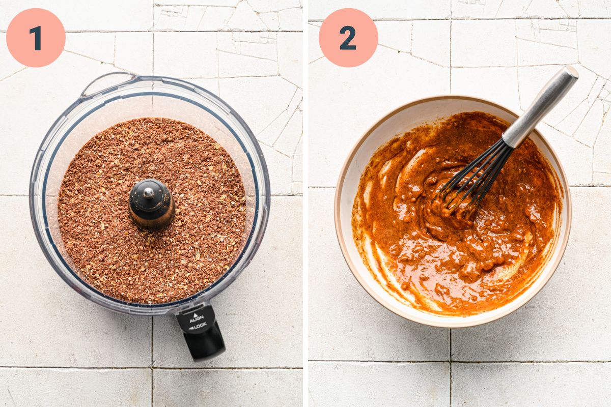 Left: dry ingredients pulsed in food processor. Right: wet ingredients whisked together.
