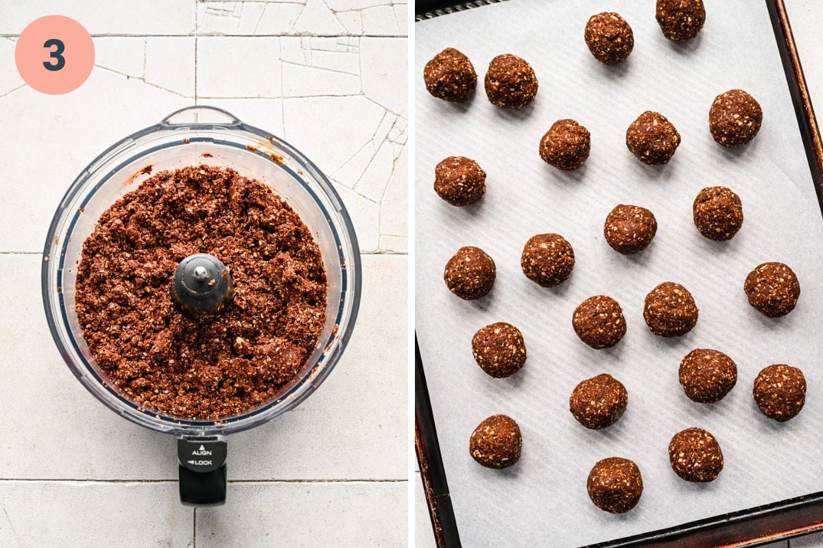 Left: streaming the chocolate into the mixture. Right: rolling the mixture into balls.