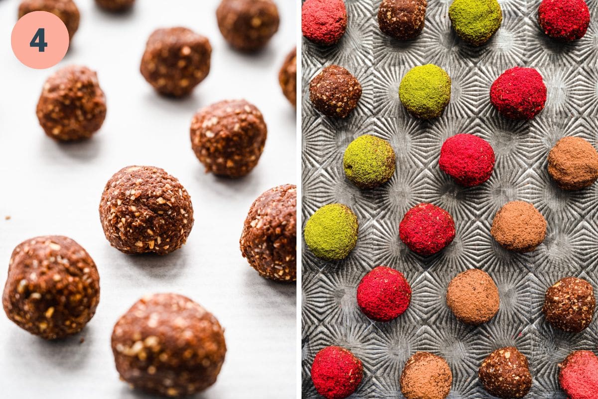 Left: close up of the rolled balls. Right: finished bliss balls on a tray.