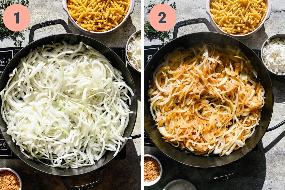 On the left: raw onions in a pan. on the right: sautéed onions in a pan.