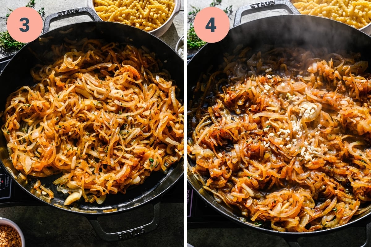Caramelized onions in a large pan before and after adding in minced garlic.