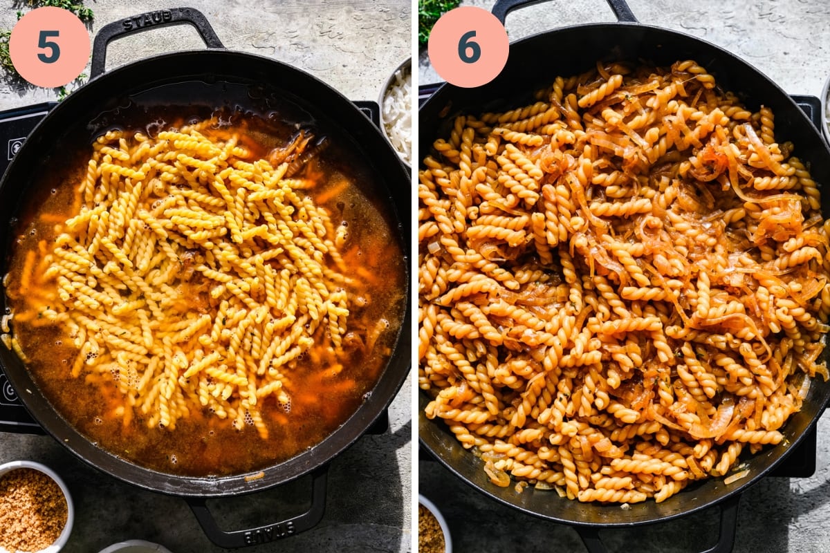 On the left: caramelized onions, pasta and broth in a pan. on the right: cooked pasta in pan.