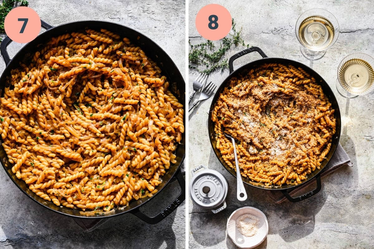 Finished french onion pasta in a large skillet before and after garnishing with parmesan cheese.