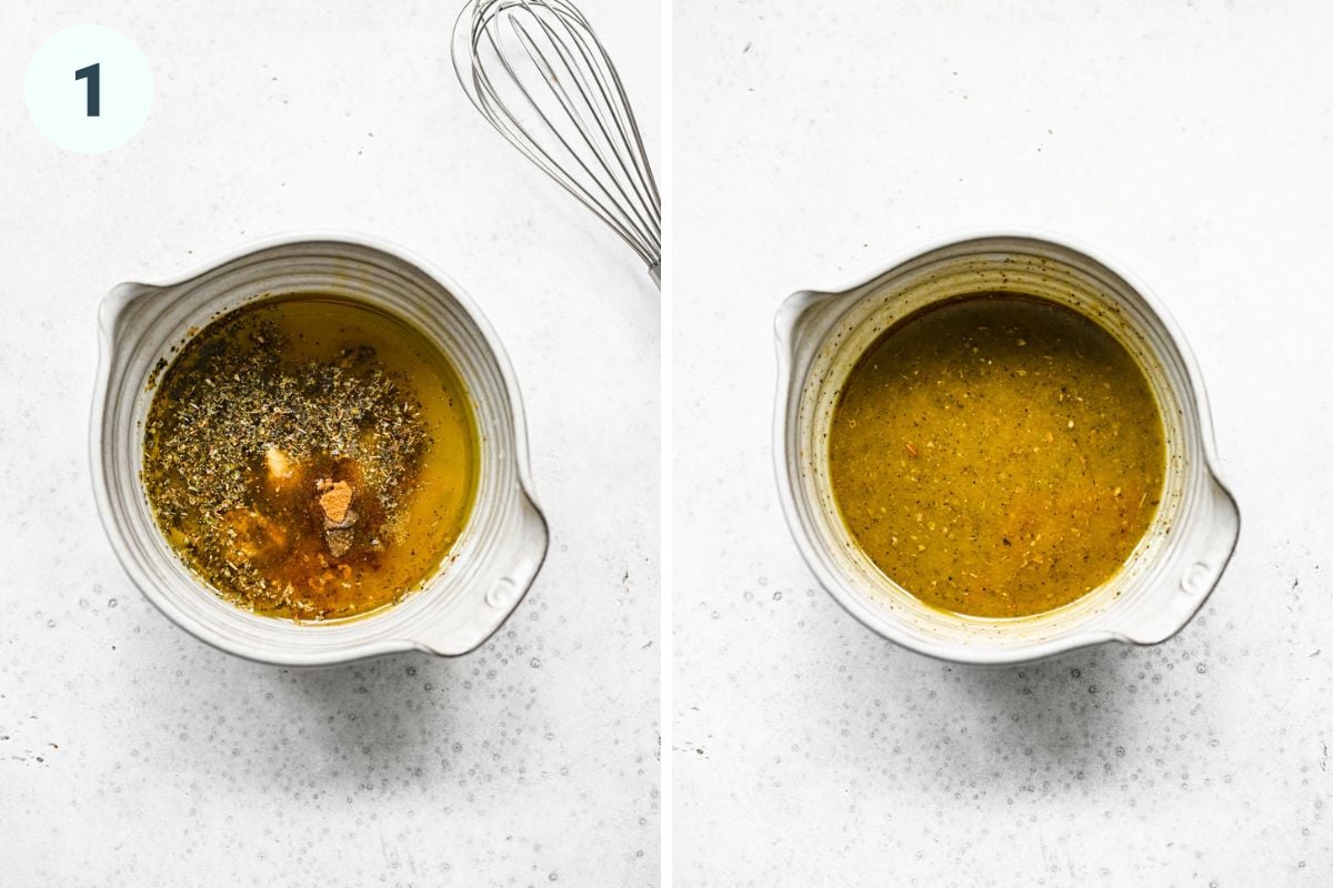 Left: lemon cumin vinaigrette before mixing. Right: vinaigrette after mixing.