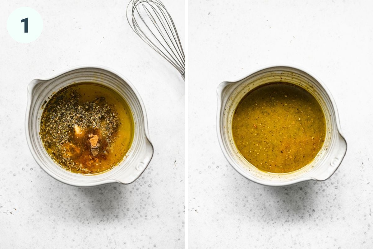 Left: lemon cumin vinaigrette before mixing. Right: vinaigrette after mixing.