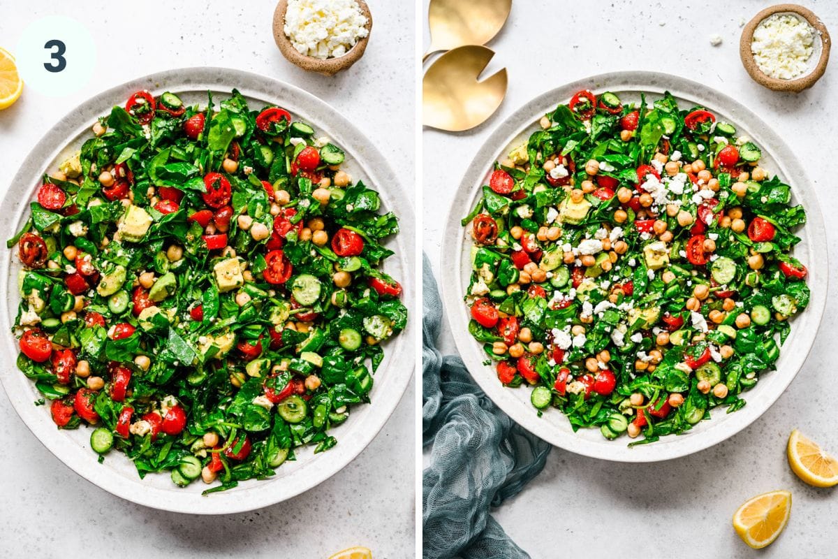 Left: tossing everything together. Right: finished salad with additional toppings on top.