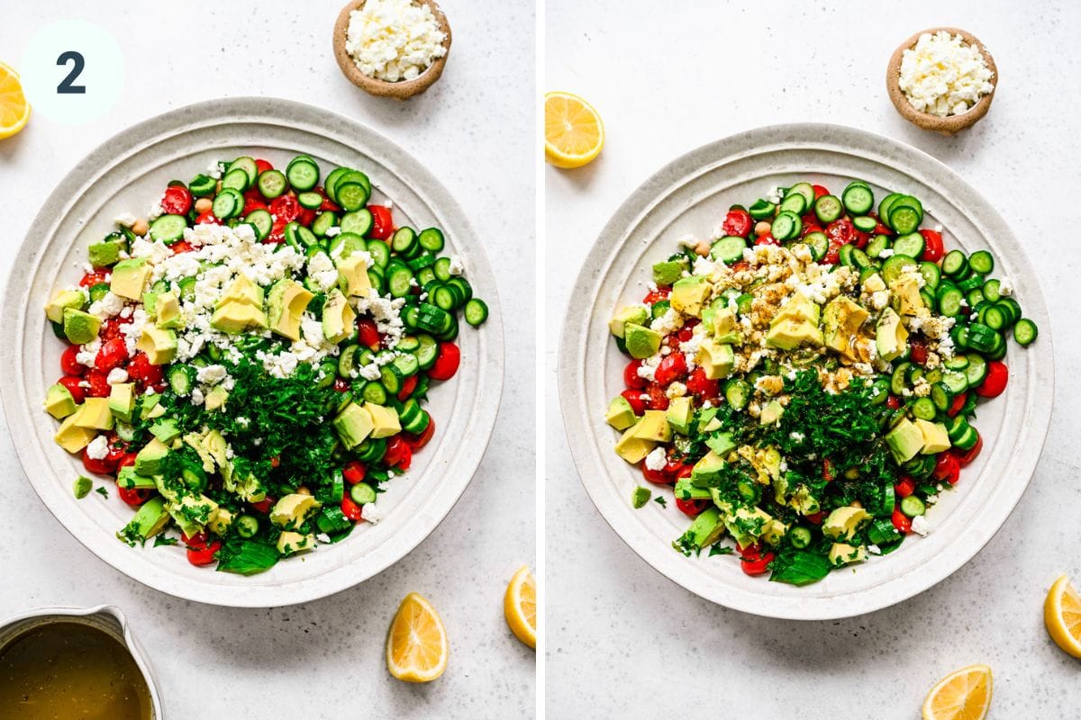 Left: adding all the salad ingredients to a bowl. Right: pouring the dressing over the top.