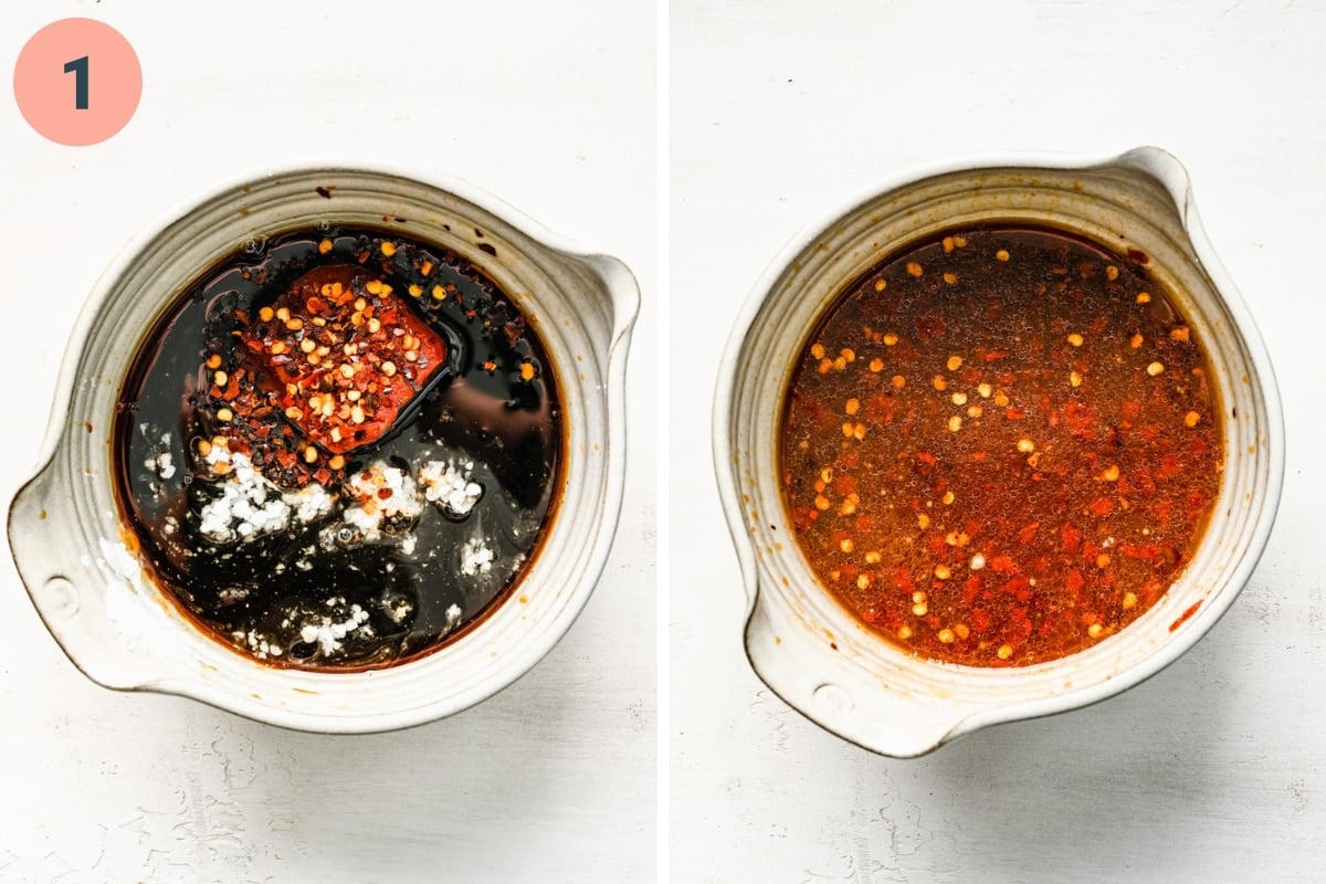 Before and after whisking together ingredients for sauce for sticky tofu.