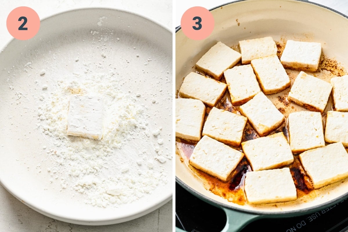 on the left: Coating tofu in cornstarch. on the right: searing tofu in pan. 