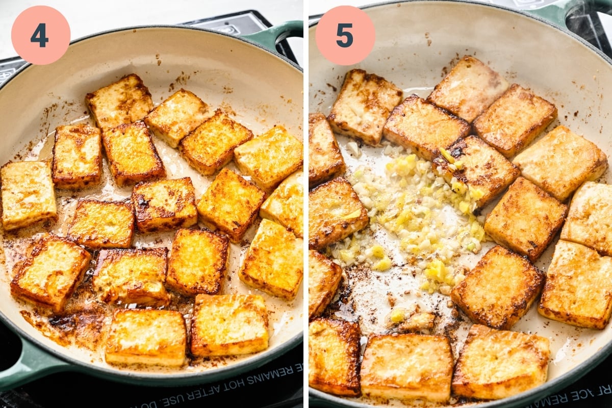 searing tofu in a pan and sauteing garlic and ginger. 