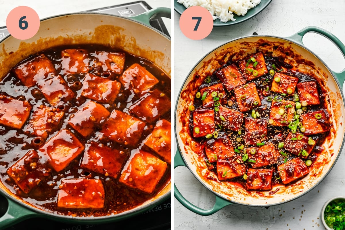 Tofu cooking in sauce in pan. 