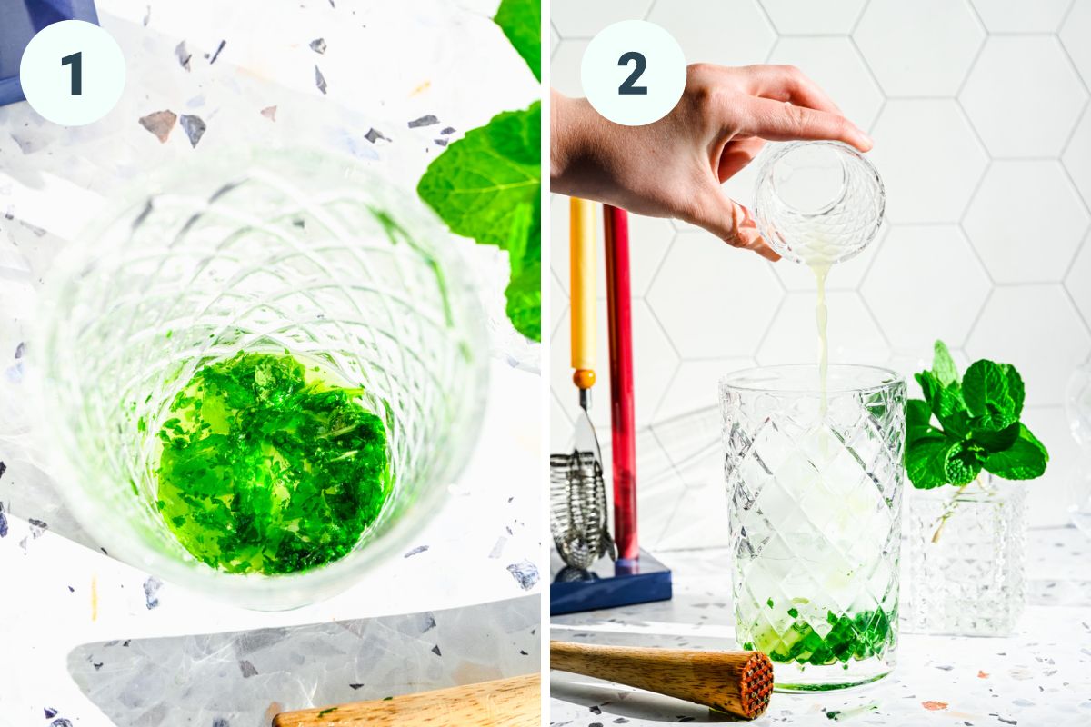 Left: muddling the sugar and mint. Right: pouring the lime juice into the shaker.