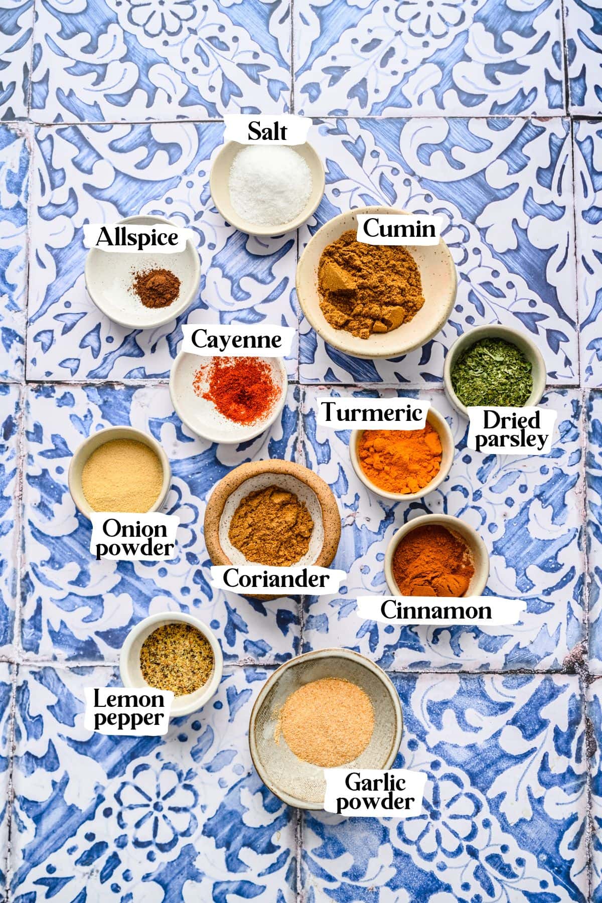 Chermoula spice ingredients including cayenne and turmeric.