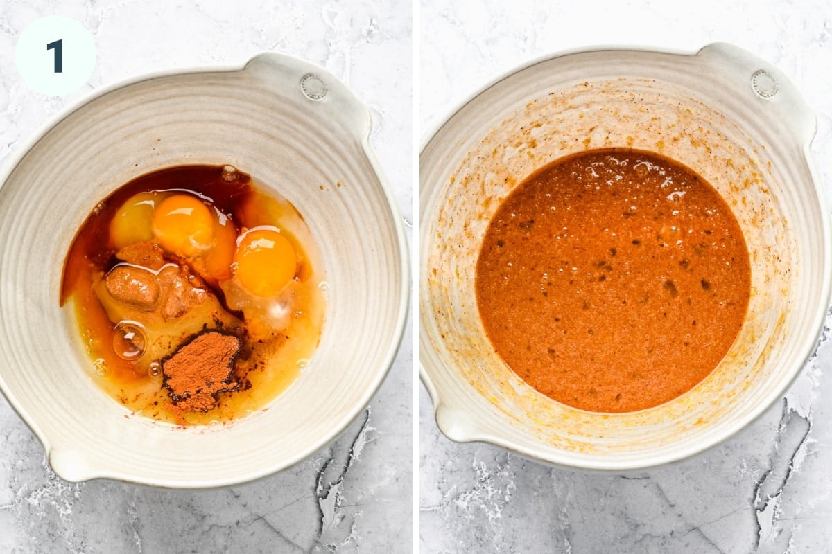 Before and after whisking together wet ingredients for baked oatmeal.