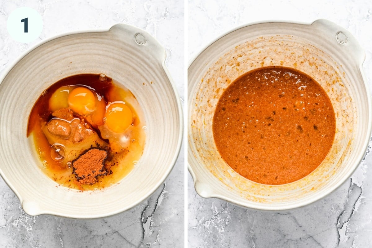 Before and after whisking together wet ingredients for baked oatmeal.