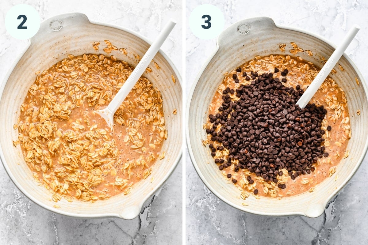 Before and after adding chocolate chips to baked oatmeal batter. 