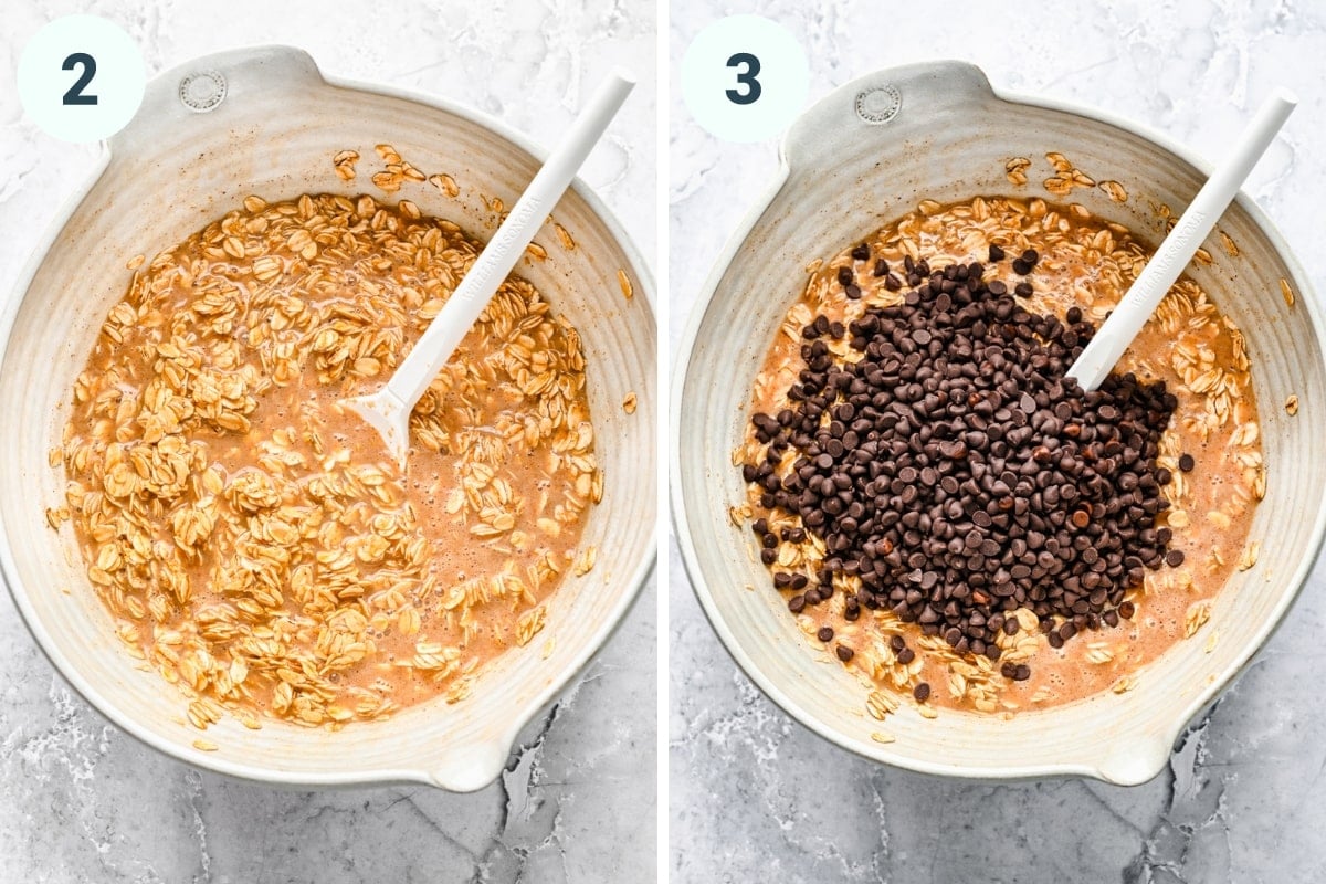 Before and after adding chocolate chips to baked oatmeal batter.