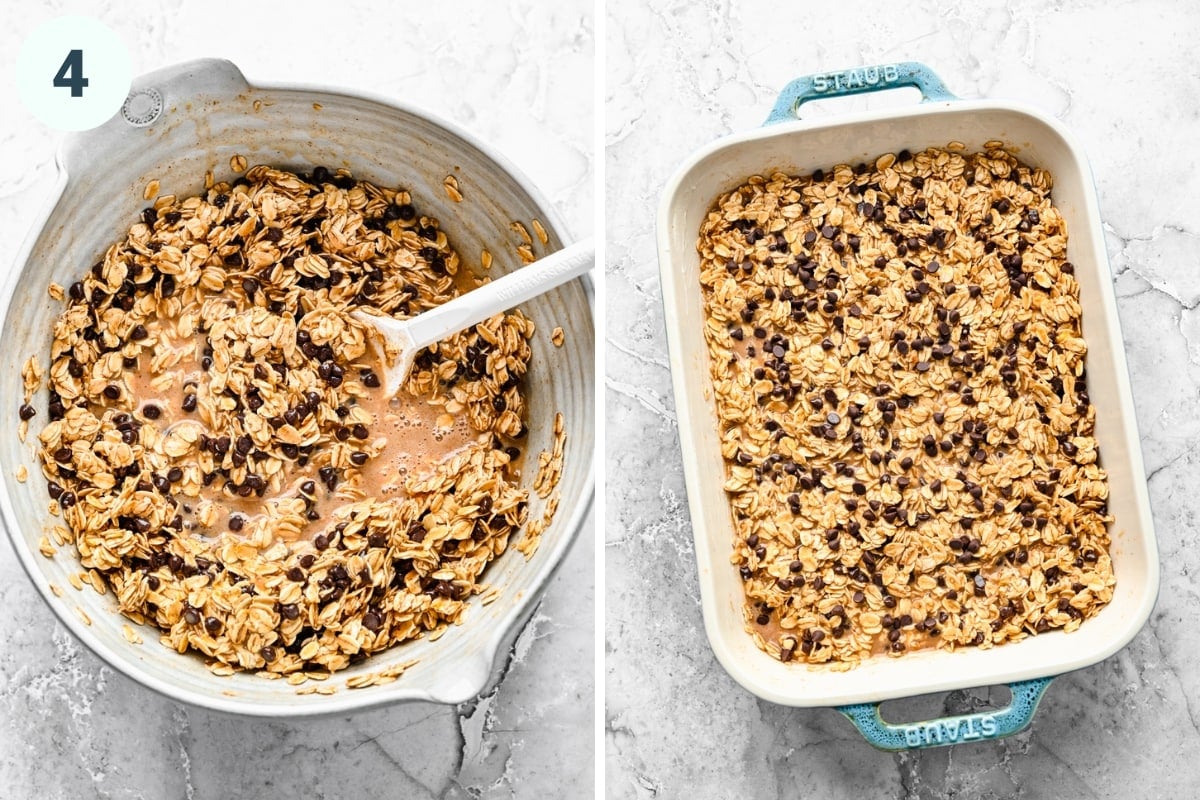 Baked oatmeal batter in mixing bowl and in pan before baking.