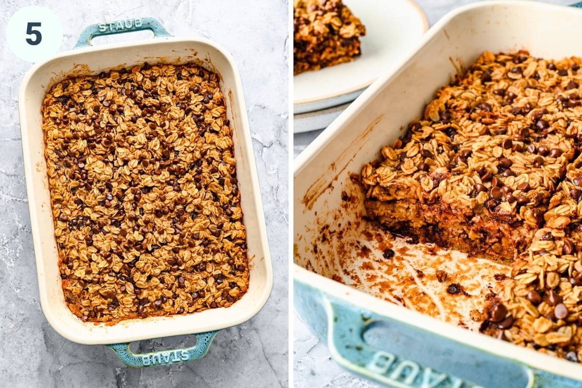 On the left: baked oatmeal in pan. on the right: side view of slice of baked oatmeal in pan.