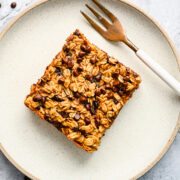 Close up overhead of a square of the chocolate chop baked oats.