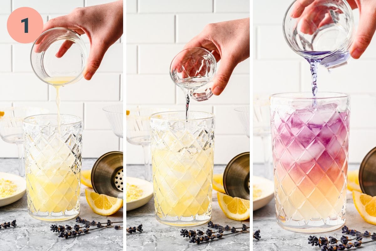 Pouring the liquids into the cocktail shaker filled with ice.