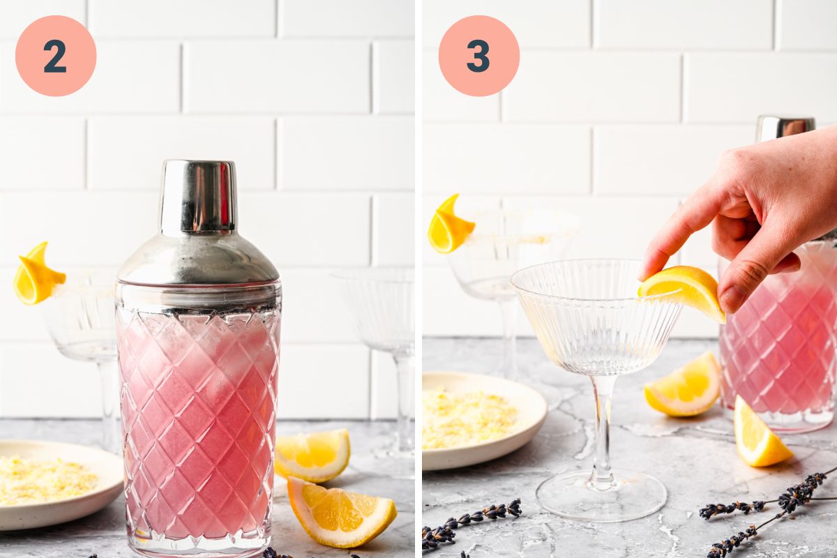 Left: cocktail in shaker. Right: rimming the glass with a lemon wedge.
