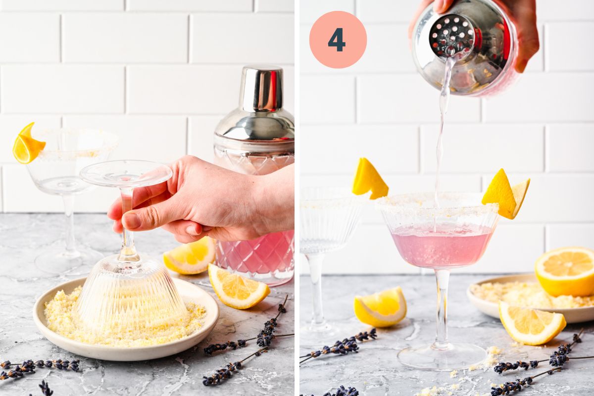 Left: placing the glass rim in the lemon zest mix. Right: straining the cocktail into a glass.
